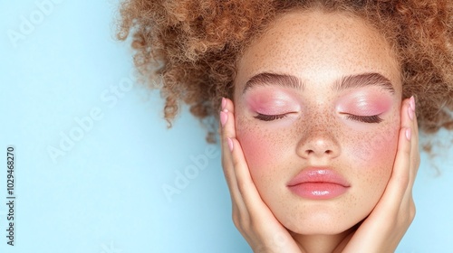 Young woman with freckles, pink blush, and soft curls, gently holding her face with eyes closed, conveying relaxation and skincare in a pastel blue background for beauty ads or wellness visuals.