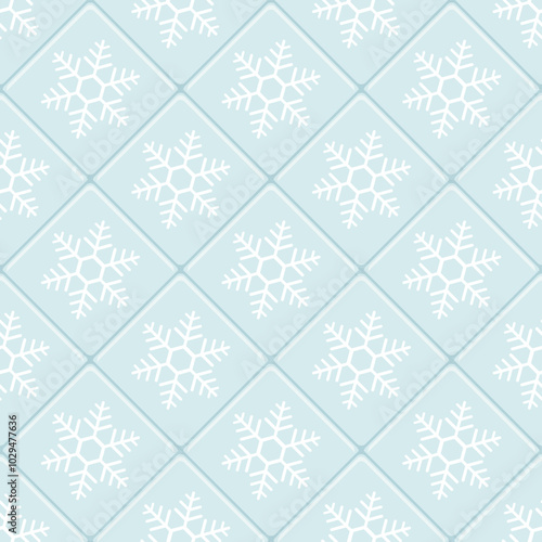 Seamless pattern with ceramic tiles with snowflakes. Winter geometric background with square mosaic with snowflakes. Bathroom or kitchen wall or floor with blue tiles, vector illustration