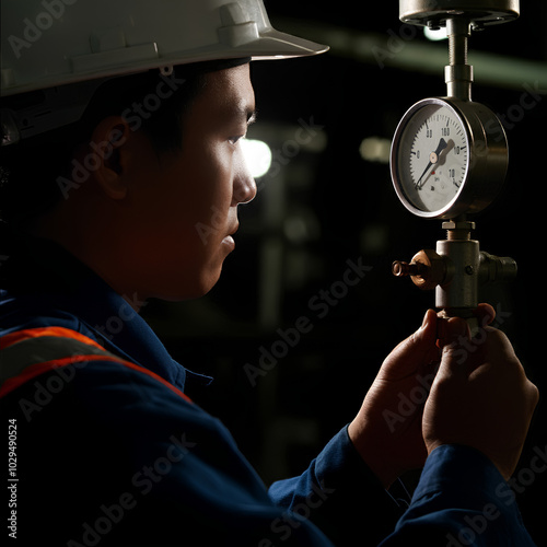 A worker inspects a pressure gauge in low light, wearing a safety helmet and reflective clothing.