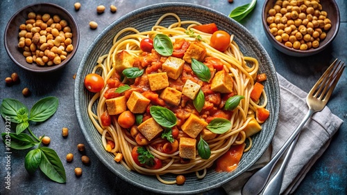 Vegan pumpkin noodle pasta with beans, chickpeas, and tofu in tomato sauce