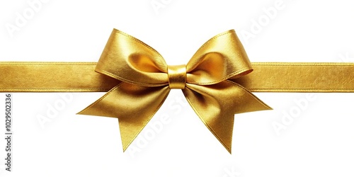 panoramic golden bow with long ribbon on white background