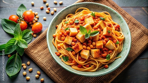 Wide-Angle Pumpkin Noodle Pasta with Bean and Chickpea in Tomato Sauce decorated with Tofu Grill Vegan Dish for Healthy Eating