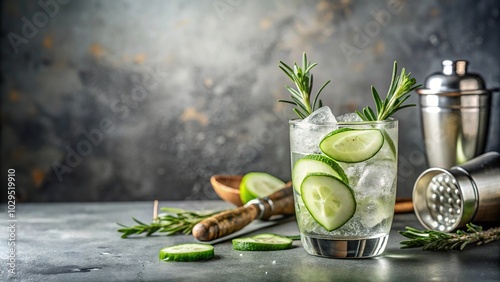 Refreshing alcoholic cocktail with Cucumber gin tonic, rosemary tonic ice cubes, bar tools on gray background