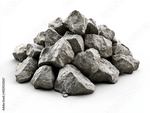 Pile of gray natural rocks over a white isolated background.