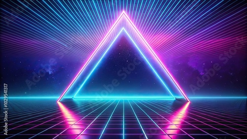 Retro futuristic triangular neon frame on lake synthwave style background forced perspective