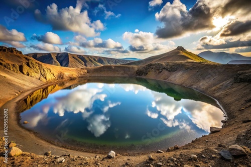 Mountain crater reflecting pool of water