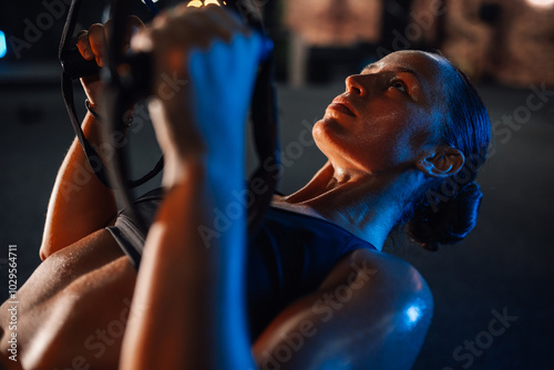 Determined female athlete performing suspension training exercise in gym