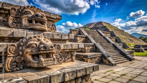 Stone Carvings of Quetzalcoatl at Teotihuacan - Serpent Heads and Floral Designs