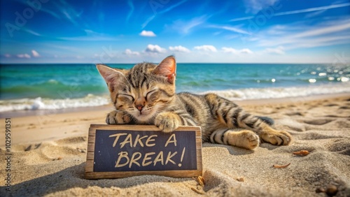 A cute tabby cat is resting on a beach with a sign that says 'Take a Break!' The cat is sleeping peacefully, enjoying the warm sun and the sound of the waves crashing on the shore.