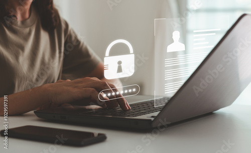 Cyber security protects login password and secure internet access. Businesswoman using laptop internet network for data protection, Significance of secure login, data protection in the digital world.