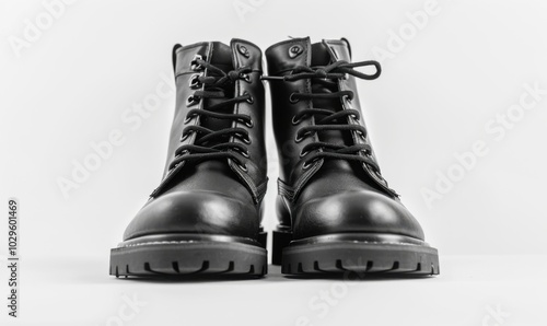 Pair of stylish black boots, white background, 4K hyperrealistic photo