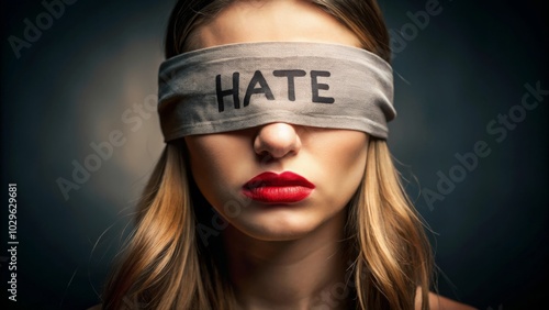 Blinded by Hate: A Blindfolded Woman with 'Hate' Written on It, Struggling with Emotional Blindness, Resentment, and Toxic Inner Conflict