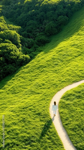 An individual dressed in white traverses a curvilinear path amidst verdant landscapes, encapsulating a sense of peace and adventure, ideal for outdoor-themed visuals.