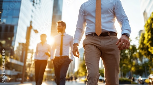 Three urban professionals stride forward confidently at sunset, their shadows trailing behind them on the city street as they pursue their business ambitions together.