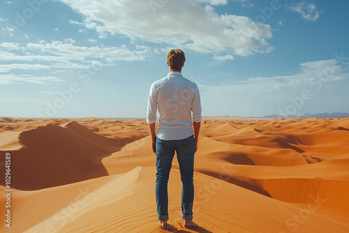 Desert Dunes: Model in a plain shirt standing on top of a sand dune in a desert landscape.