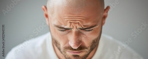 A pensive man with a bald head furrows his brow, conveying deep thought or concern in a close-up shot.