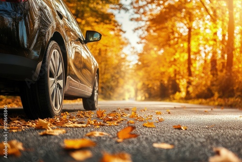 a car parked on the side of a road with leaves on the ground