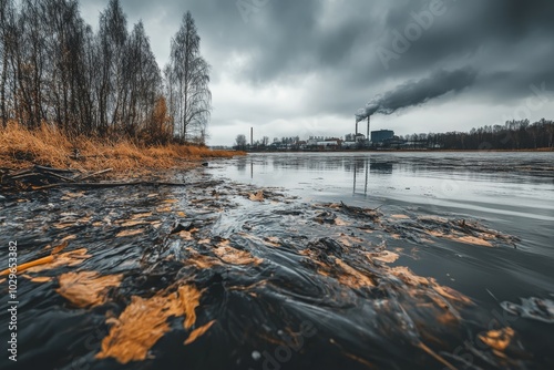 Polluted River with Smoky Industrial Landscape