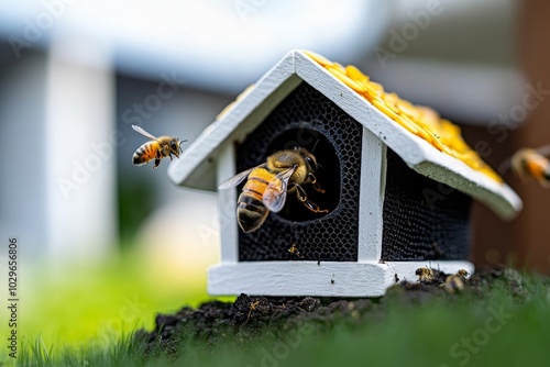 Insect house in a garden with bees buzzing around