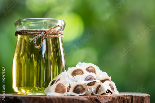 Moringa oleifera or Moringa dried seeds and oil on natural background.