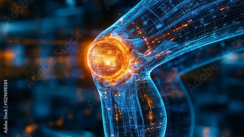 Detailed knee X-ray with holographic medical interface, neon rings highlighting the joint, futuristic treatment, sci-fi, glowing digital elements, 3D illustration