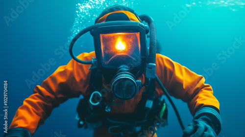 A diver in an orange wetsuit and helmet exploring the deep ocean, capturing the vibrant underwater world with a bright light in a captivating blue environment.