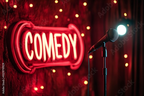 A vibrant comedy stage featuring a spotlight, microphone, and an illuminated red sign announcing comedy performances at night