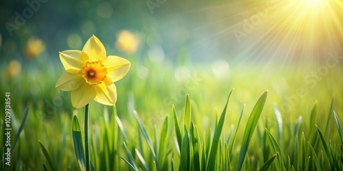 Yellow Daffodil blooming in lush spring grass on Saint David's Day , Wales, flower, golden, sun, Dewi Day, nature, growth