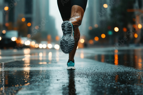 A person running in the rain, with colorful umbrellas dotting the background under gray clouds, creating a vivid contrast in the urban setting.