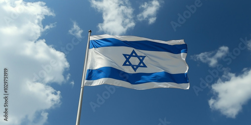 Israeli flag waving on pole with blue sky and clouds background