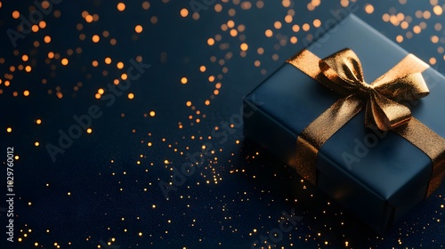 Blue gift boxes with shimmering gold ribbons, placed on a blue background with scattered stars, captured in a flat-lay style, creating a festive vibe