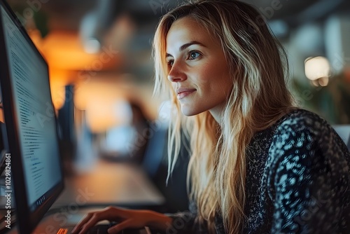 Young professional woman working on a computer in a vibrant coworking space