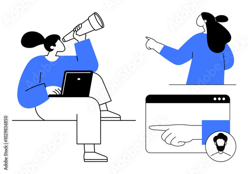 Two people engage in different activities. One uses a telescope while working on a laptop, and the other points forward. Web interface shows a pointing hand and user icon. Ideal for business