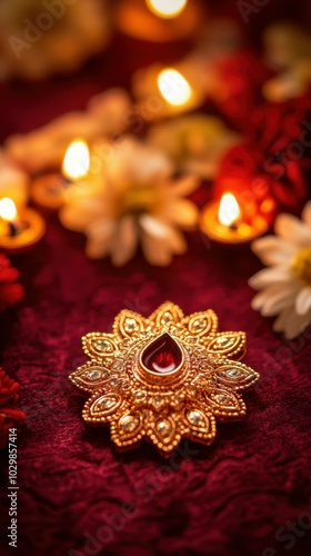 Golden maang tikka sparkling on a deep maroon-to-crimson velvet cloth, with subtle floral garlands in the background, Copy space, happy Diwali background, traditional, Indian festival