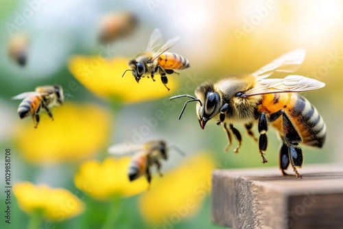 Insect house in a garden with bees buzzing around