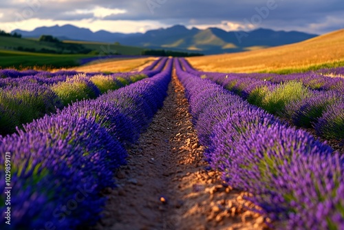 Lavender fields stretching across the landscape, with bees buzzing in the summer air