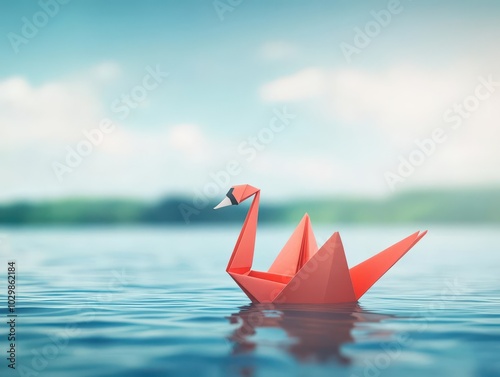 Elegant paper swan, floating on water, 3D illustration