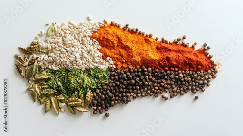 An artistic composition of Indian spices forming the shape of the Indian subcontinent on a white background