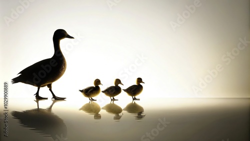 Silhouette of a duck with ducklings in a row on white background