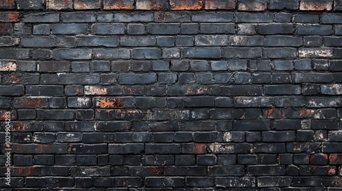 Wide panoramic view of old shabby black brick wall with grunge textures and dark masonry elements