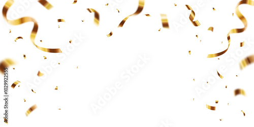 Gold confetti isolated on transparent background, celebration party background design with confetti and gold ribbons, Bright festive tinsel of gold color. Valentine’s Day, Birthday, Holiday, New Year,