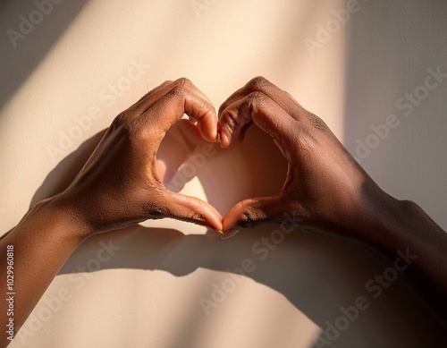 Un par de manos que forman un corazón con sus dedos, proyectando una sombra en una pared de color claro.