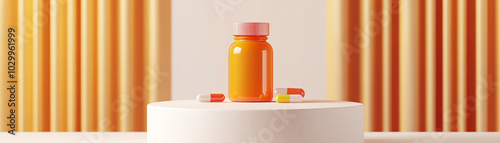 A pill bottle on a podium, white background, orange and yellow color theme, flat design, front view, pharmaceutical theme, animation, Triadic Color Scheme