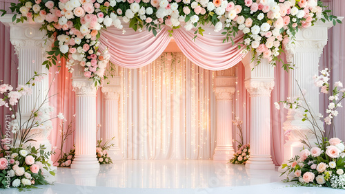 A wedding ceremony backdrop with white columns adorned with pink flowers, a flowing pink drape, and delicate string lights, creating a romantic and elegant atmosphere.