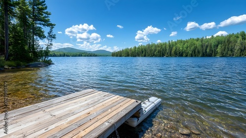 Serene summer lakeside escape with a peaceful pontoon pier extending into the calm reflective waters This tranquil scene showcases the simplicity and beauty of lakeside life