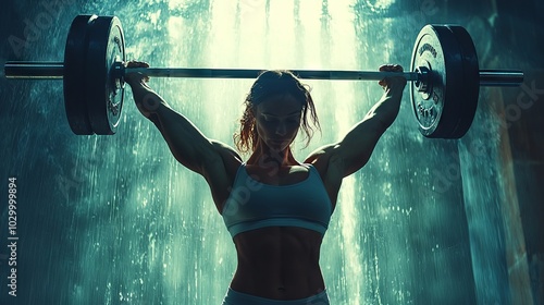 Strong woman lifting heavy weights with water cascading in background