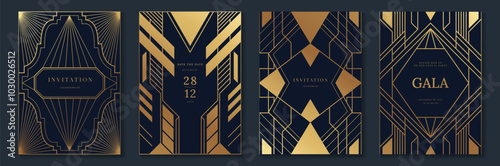 Luxury gold invitation card design vector. Abstract geometry frame and Art deco pattern background. Use for wedding invitation, cover, VIP card, gala, print, poster and wallpaper. Vector illustration.