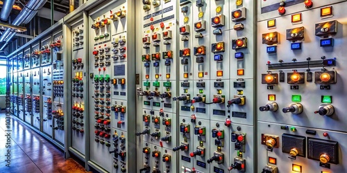 Aerial View of a Detailed Switchgear Control Panel Featuring Circuit Breakers and LED Indicators for Electrical Engineering and Industrial Applications