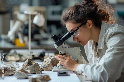 A geologist focuses intently on examining various rock samples under a microscope in a well-equipped laboratory, contributing to geological research efforts.