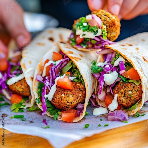 Fresh falafel wraps being assembled with vibrant toppings, street food snacks, midnight snack